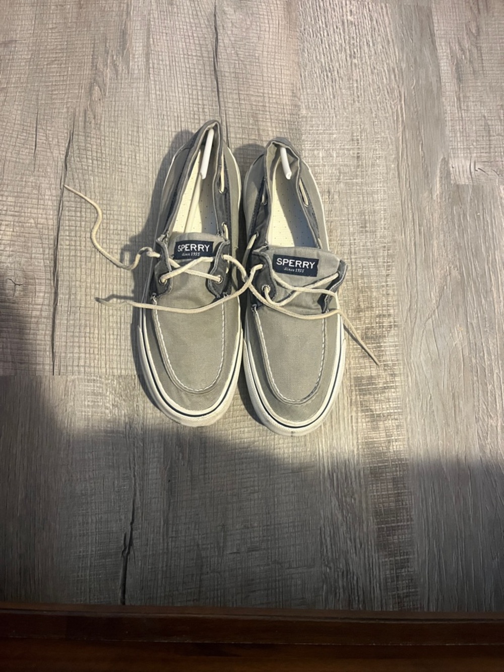 Sperry Light Gray Canvas Deck Shoes with Cream Laces